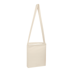 A cream-coloured sling bag with a single strap, featuring a simple design and a logo.