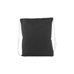 A black drawstring tote bag with white cords and a logo. Simple and versatile design for various uses.