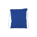 A blue drawstring bag with white cords, featuring a logo on the front.