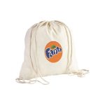 A cream-coloured drawstring bag with a round logo. It features two drawstrings for closure.