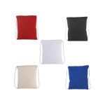 A collection of Montana Calico coloured tote bags in red, black, white, beige, and blue with drawstring closures.