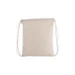 A light beige drawstring tote bag with a simple design and a logo, featuring adjustable cords.