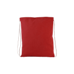 A red drawstring tote bag made of fabric, featuring a simple design and a logo.