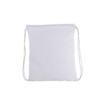 A plain white drawstring tote bag with reinforced cord straps and minimalistic design. It features a logo.