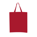 A red calico tote bag with short handles and no visible branding.