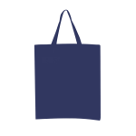 A navy blue tote bag with short handles and a blank surface. It features a logo on one side.