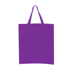 A purple calico tote bag with short handles and no visible branding.