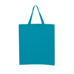 A teal calico tote bag with short handles and a simple design, featuring a branding logo.