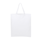 A white calico tote bag with short handles. The bag features a logo on one side.