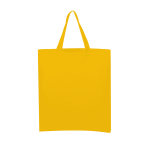 A yellow calico tote bag with short handles and a simple design. It features a logo or branding.