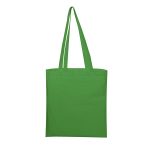 A green calico tote bag with long handles and a blank surface. The bag features a logo.