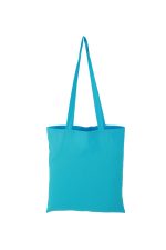 A turquoise tote bag with long handles and a simple design. It features a logo on one side.