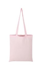 A pink calico tote bag with long handles, featuring a simple design and a logo.