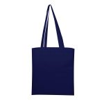 A navy blue tote bag with long handles and a plain design. It features a logo.