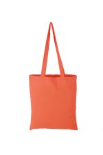 A coral-coloured tote bag with long handles and a simple design. It features a logo on one side.