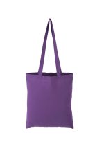 A purple calico tote bag with long handles and no visible branding.