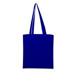 A blue tote bag with long handles, featuring a simple design and a logo.