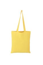 A yellow calico tote bag with long handles and a logo. Simple and stylish design.