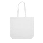 A white calico tote bag with long handles and a simple design. It features a logo or branding.