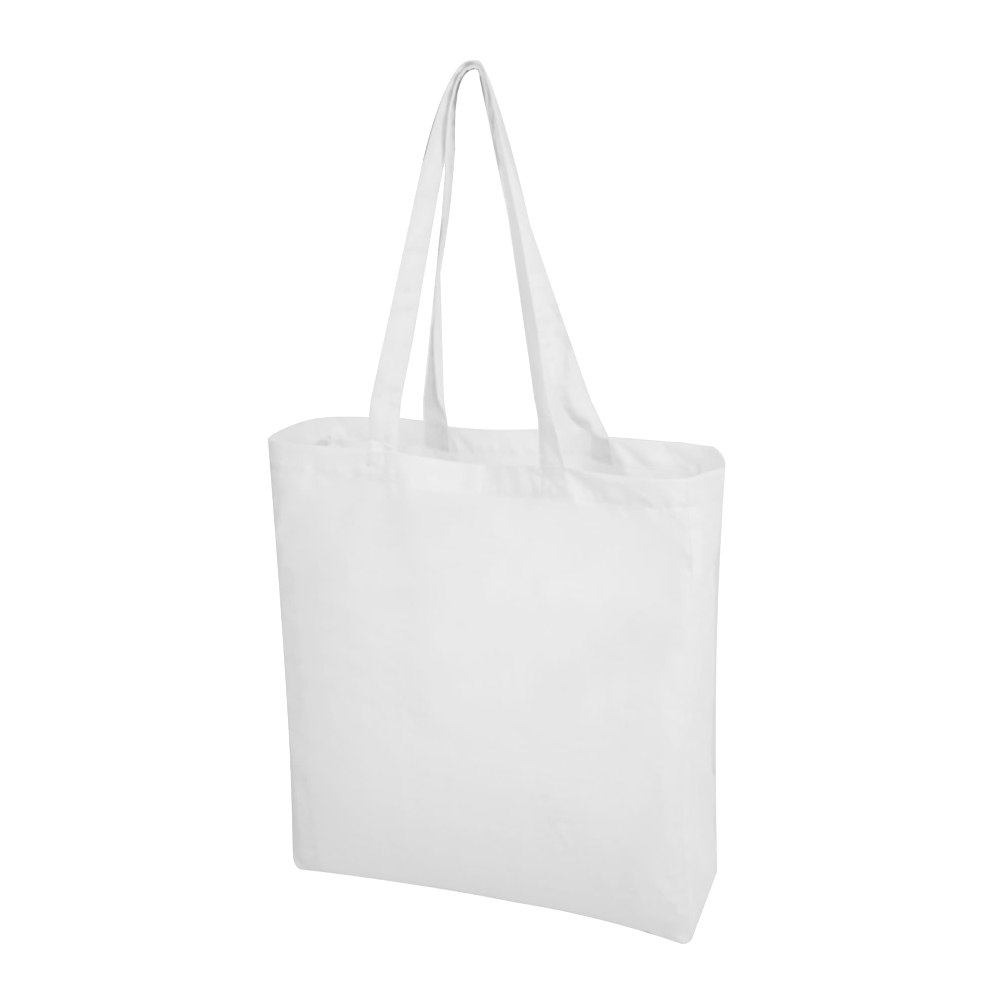 A white calico tote bag with long handles, featuring a simple design and no visible branding. A white calico tote bag with long handles, featuring a simple design and no visible branding.