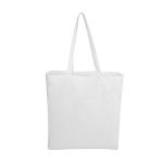 A white calico tote bag with long handles, featuring a simple design and an empty interior.