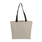 A beige canvas tote bag with black handles. The bag features a logo on one side.
