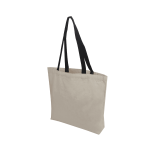 A beige tote bag with black handles, featuring a simple design and a logo.