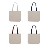 Four canvas tote bags in beige, featuring handles in navy, red, and black, with one bag displaying a logo.