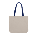 A light beige tote bag with navy blue handles, featuring a simple design and a logo.