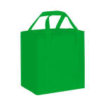 A green non-woven cooler bag with a flat top and two handles, featuring a simple design and a logo.