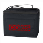 A black nylon cooler bag with a handle and a front pocket, featuring a logo on the side.