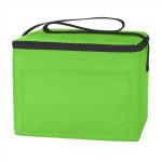 A green nylon cooler bag with a zipper and a black handle, featuring a plain front panel and a boxy shape.