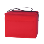 A red nylon cooler bag with a zip closure and a handle, featuring a plain design with a logo.