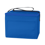 A blue nylon cooler bag with a zippered closure and a black shoulder strap. It features a flat front pocket and branding.