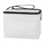 A white cooler bag made of nylon with a zip closure and a black strap. The bag features a plain exterior with no visible branding.