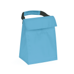 A blue cooler bag with a black grip handle and a fold-over top closure. It features a simple design and no visible logo.