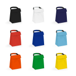 A collection of cooler bags in black, white, navy, red, blue, light blue, orange, green, and yellow, featuring a grip handle.