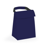 A navy cooler bag with a grip handle, featuring a simple design and a fold-over flap closure.