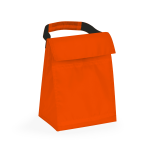 An orange cooler bag with a black grip handle, featuring a fold-over flap and a simple design.