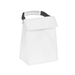 A white cooler bag with a black grip handle, featuring a fold-over flap and a sleek design.
