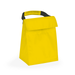 A yellow cooler bag with a black grip handle, featuring a fold-over top for secure closure.