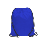A bright blue nylon drawstring bag with black cords for closure. It features a simple design and has a logo.