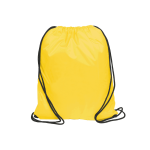 A yellow nylon drawstring bag with black cords and an underlying logo.