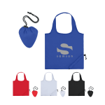 A blue nylon foldable bag with a logo, accompanied by a matching pouch. Additional bags in red, white, and black are shown.