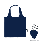 A navy blue nylon foldable bag alongside its self-contained pouch. The bag features shoulder straps and a simple design.