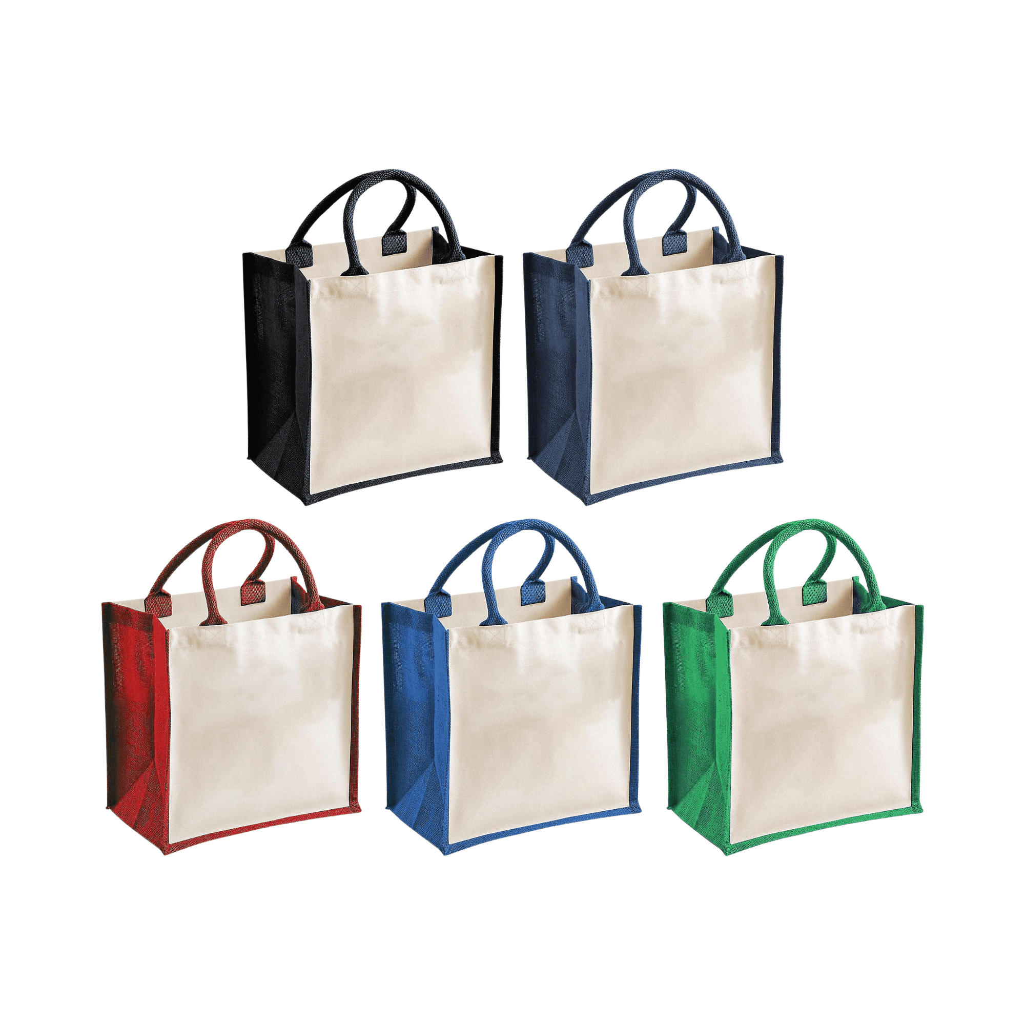 Medium jute supermarket totes in navy, red, green, and blue, featuring a plain fabric front and handles. Medium jute supermarket totes in navy, red, green, and blue, featuring a plain fabric front and handles.