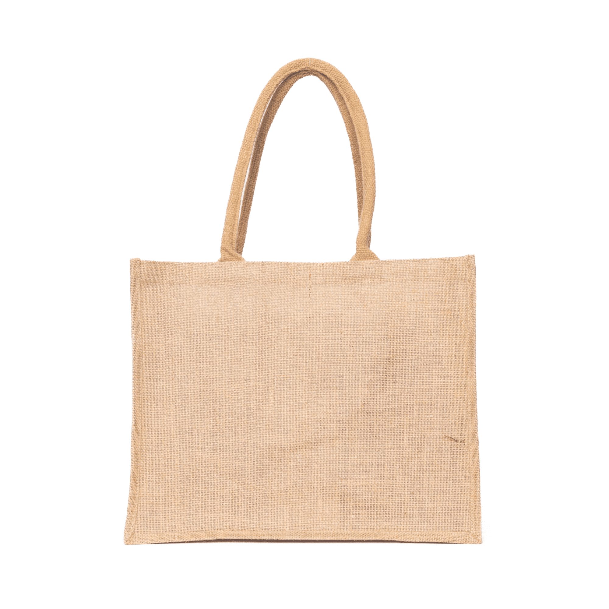 A large, natural-coloured jute supermarket bag with two sturdy handles and a simple design. A large, natural-coloured jute supermarket bag with two sturdy handles and a simple design.