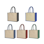 Laminated jute supermarket bags in five colours: black, blue, red, green, and brown, each with coloured handles and gussets.