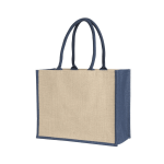 A jute supermarket bag in natural beige with navy blue handles and gussets, featuring a logo.