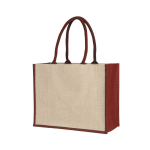 A jute supermarket bag with red handles and gussets, featuring a natural coloured body and a simple design.